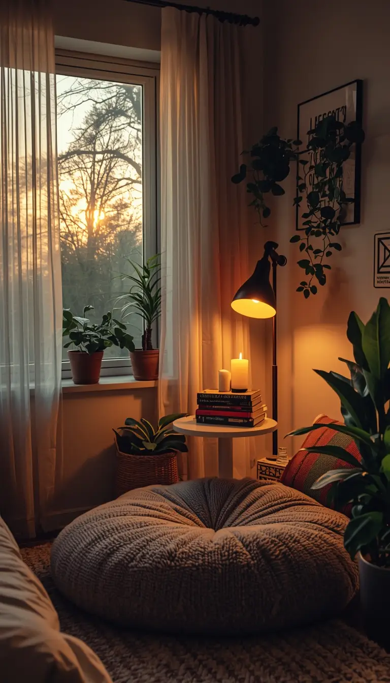 Cozy teen bedroom reading nook with floor cushion, round side table, candle, books, floor lamp, and potted plants in warm gold