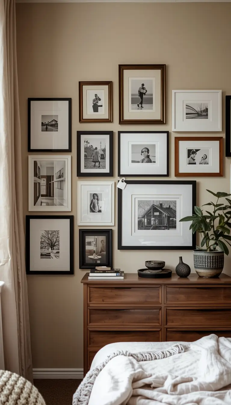 Eclectic gallery wall with upcycled thrift store frames painted black and white against a warm beige wall