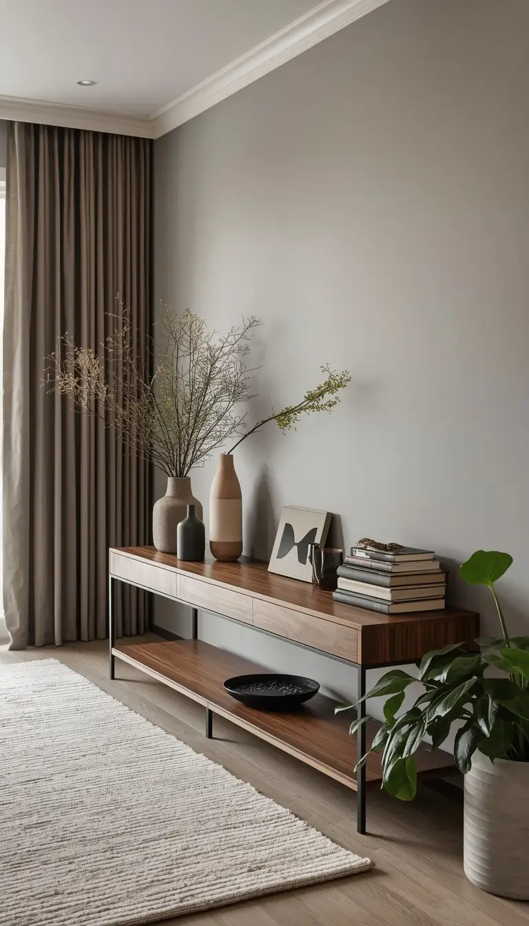 Slim walnut console table behind grey sofa styled with vases and plants in a modern apartment living room