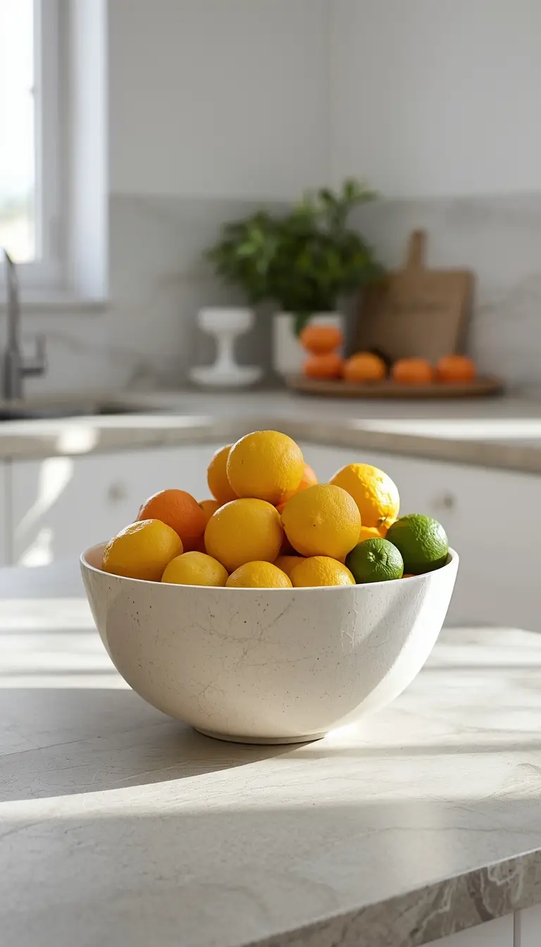 A ceramic bowl filled with fresh lemons and oranges on a light stone kitchen counter with Mediterranean styling A ceramic bowl filled with fresh lemons and oranges on a light stone kitchen counter with Mediterranean styling