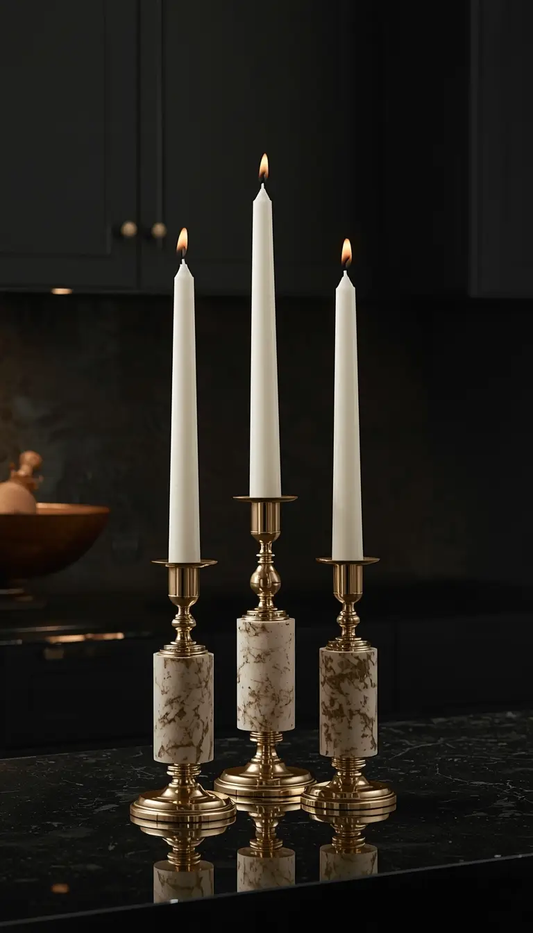 A dramatic cluster of pillar candles in brass and stone candlestick holders on a black granite luxury kitchen counter.