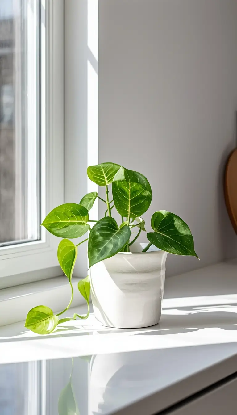 A lush trailing pothos in a white pot on a bright kitchen counter with soft natural light and minimal styling. A lush trailing pothos in a white pot on a bright kitchen counter with soft natural light and minimal styling.