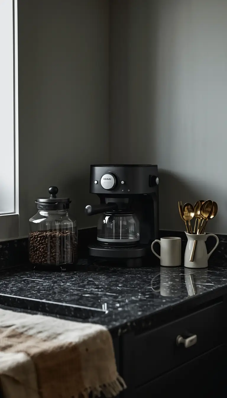 A moody coffee station with a matte black espresso machine, glass jars, and gold accents on a dark kitchen counter. A moody coffee station with a matte black espresso machine, glass jars, and gold accents on a dark kitchen counter.