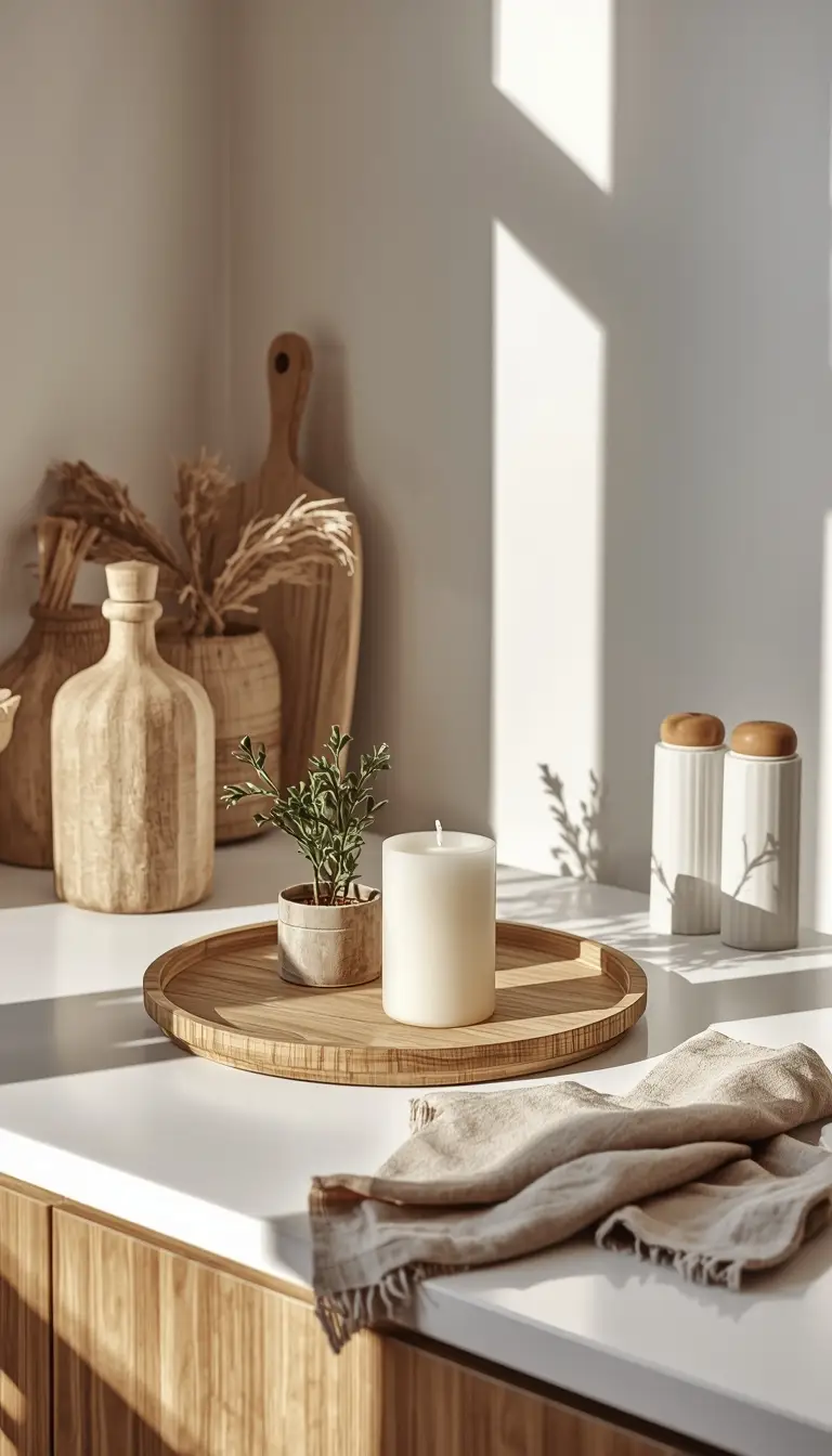 A round wooden tray styled with candles, a plant, and kitchen essentials on a Scandinavian-inspired kitchen counter. A round wooden tray styled with candles, a plant, and kitchen essentials on a Scandinavian-inspired kitchen counter.