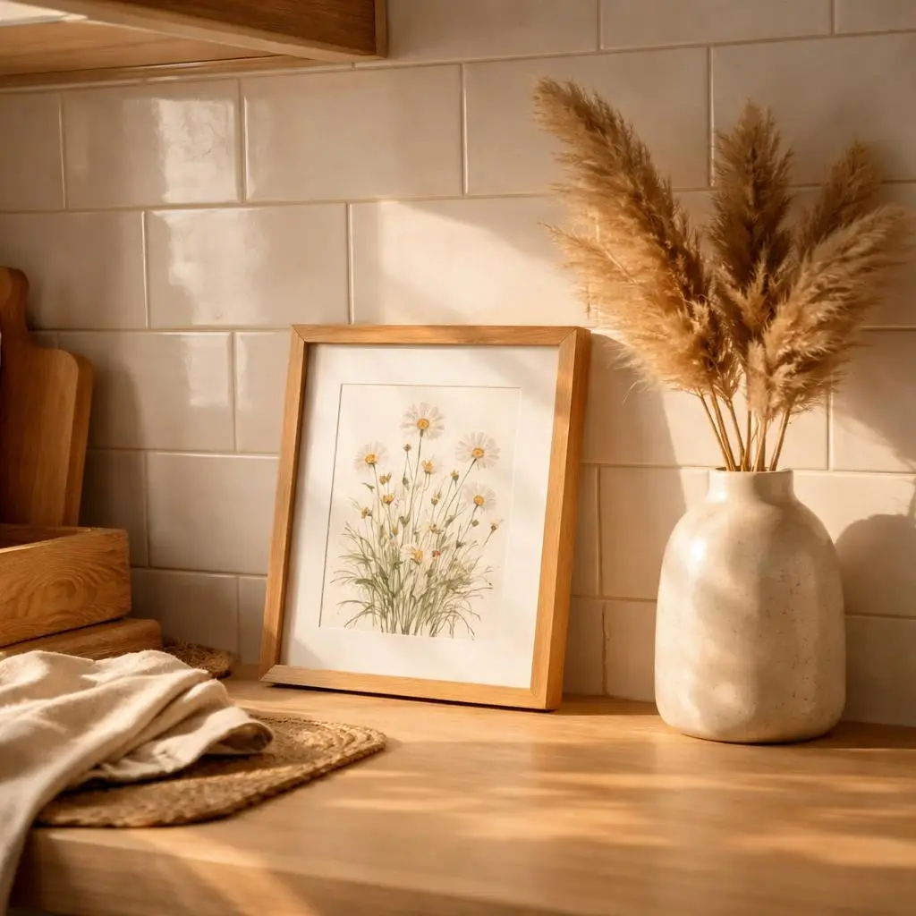 A small botanical framed print leaning on a kitchen backsplash next to dried pampas grass on a light wood counter. A small botanical framed print leaning on a kitchen backsplash next to dried pampas grass on a light wood counter.