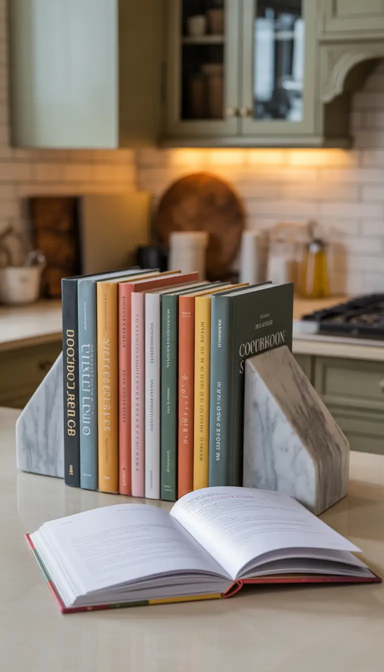 A styled collection of colorful cookbooks with marble bookends displayed on a cream farmhouse kitchen counter. A styled collection of colorful cookbooks with marble bookends displayed on a cream farmhouse kitchen counter.