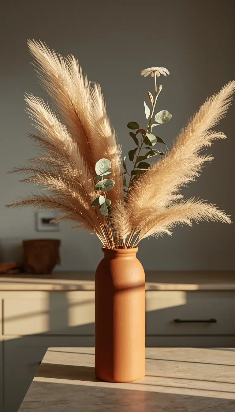A tall matte vase with dried pampas grass and eucalyptus on a beige boho kitchen counter with warm golden lighting. A tall matte vase with dried pampas grass and eucalyptus on a beige boho kitchen counter with warm golden lighting.