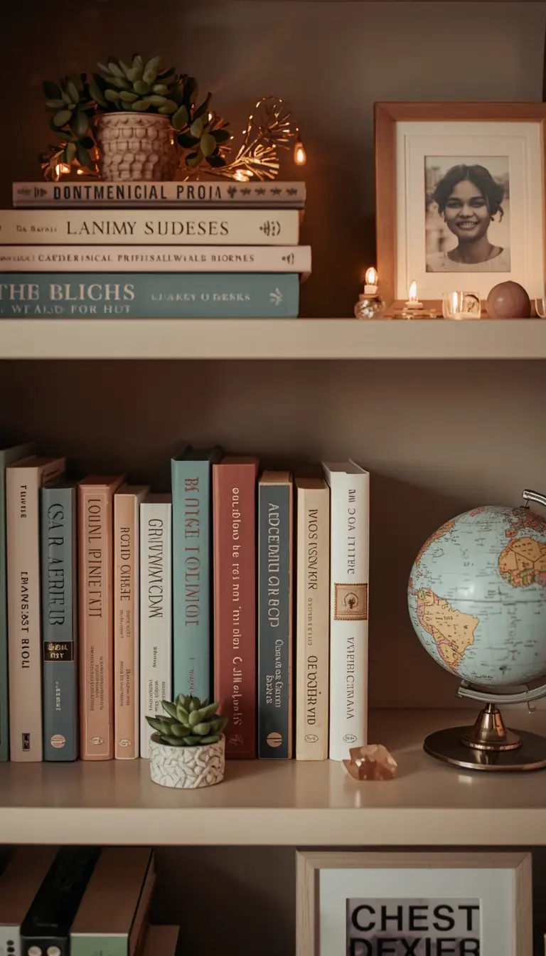 Aesthetic teen bedroom bookshelf styled with color-coordinated pastel books, crystals, small succulent, vintage globe, and dec