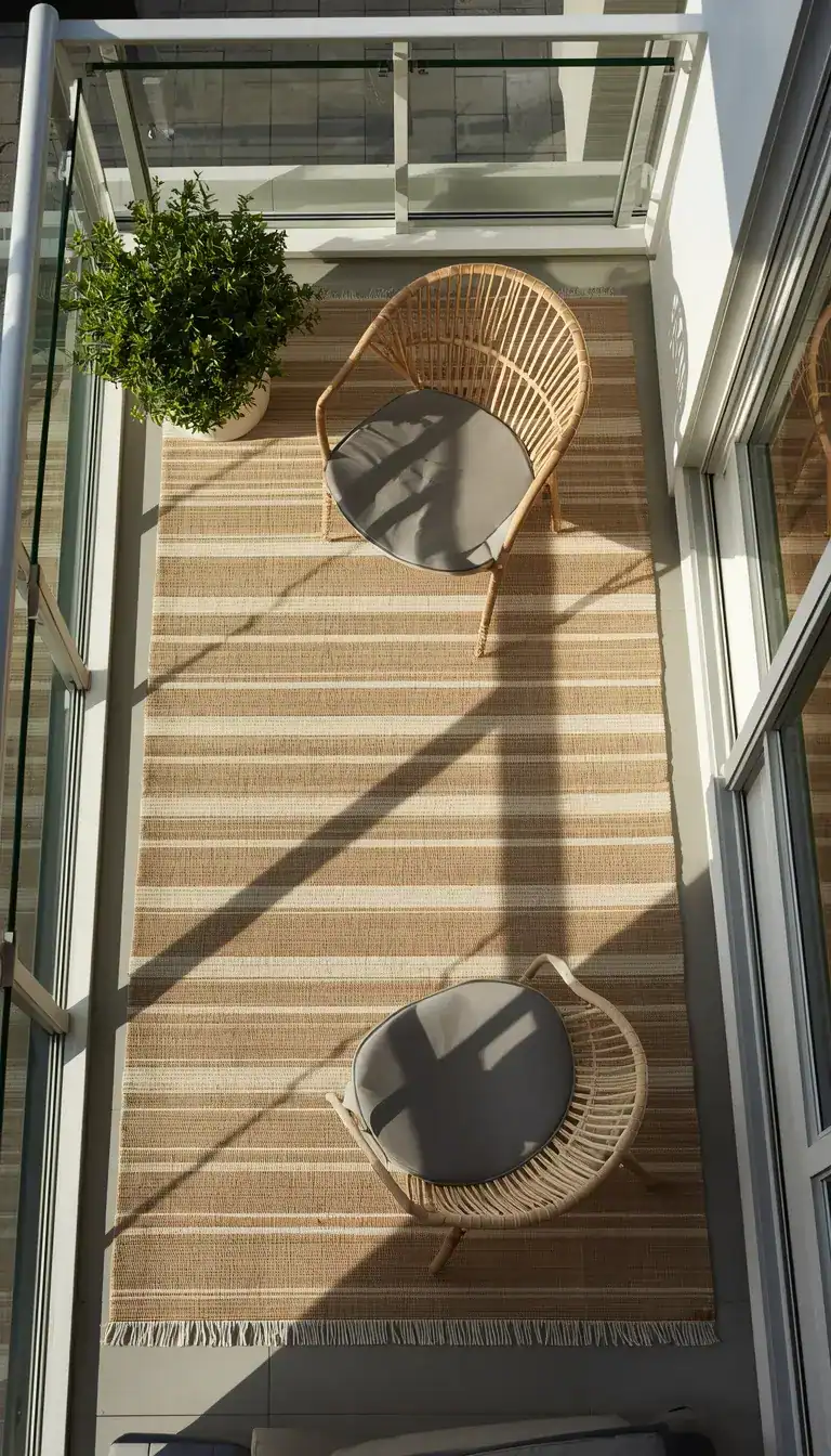 Beige stripe flatweave outdoor rug on minimalist balcony with Scandinavian low-profile chairs