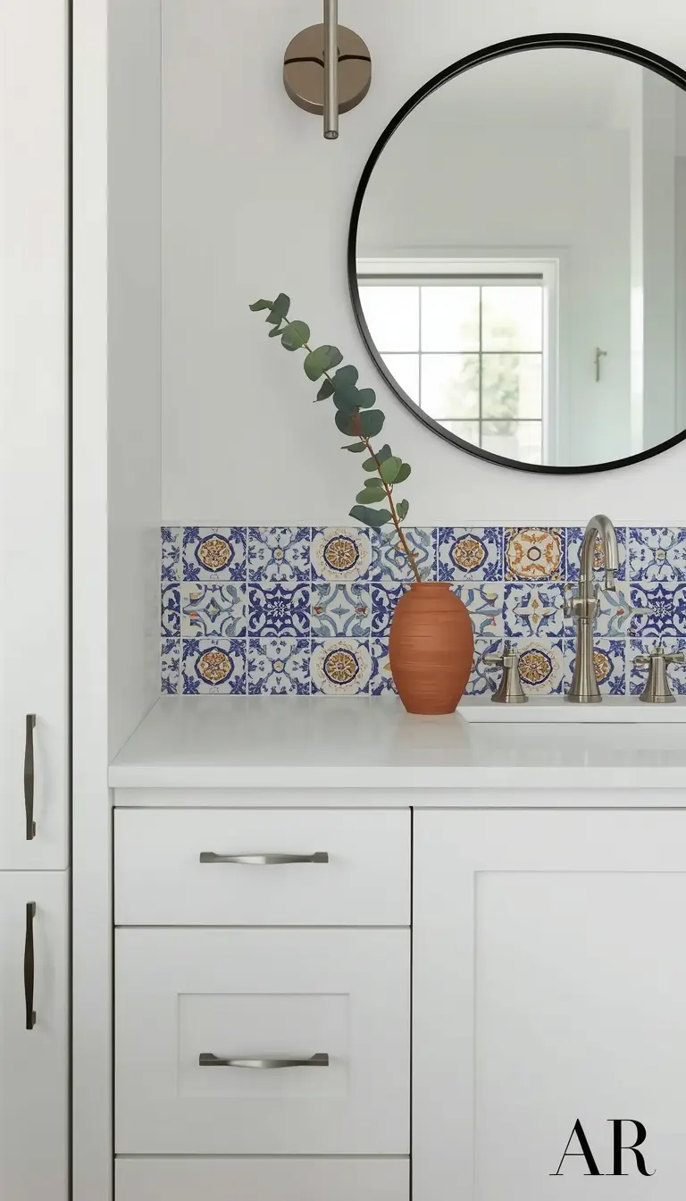 Blue and white Talavera tile backsplash in a minimalist bathroom.