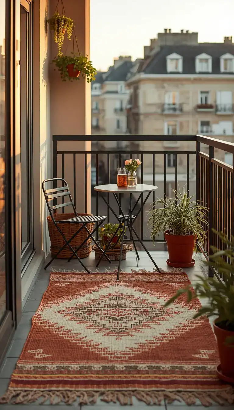 Bohemian outdoor rug on a small apartment balcony with bistro furniture and potted plants