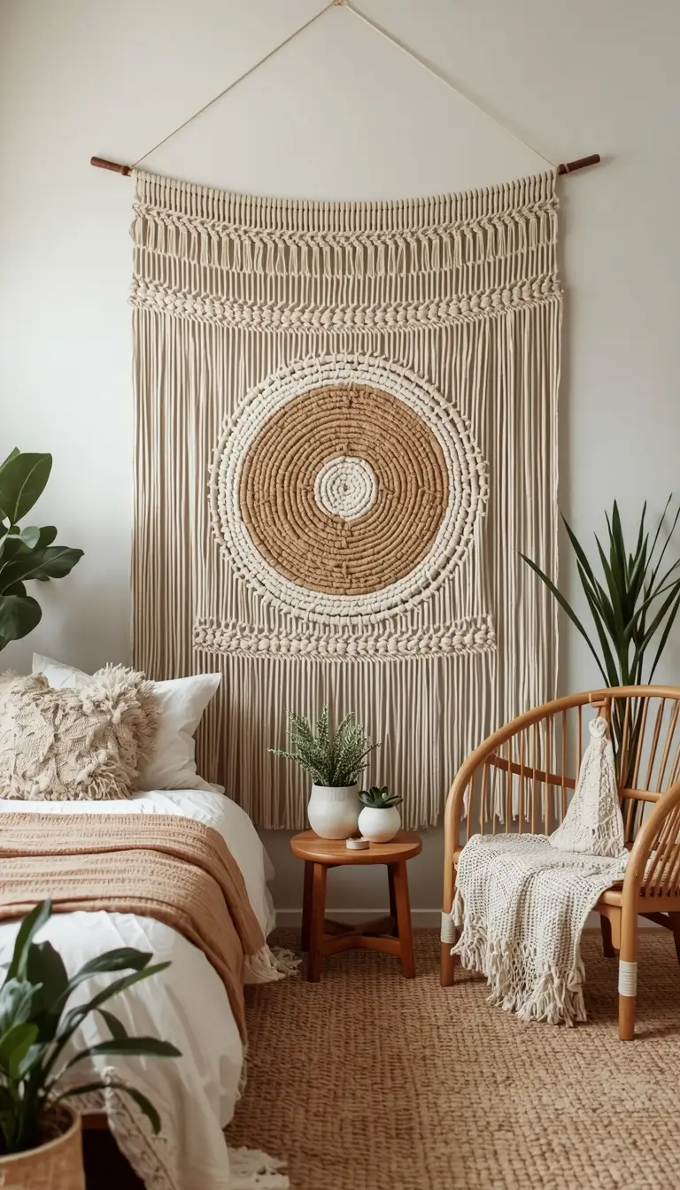 Boho dorm living room with a large macramé tapestry as a statement wall, rattan furniture, neutral tones, and plants for an earthy aesthetic