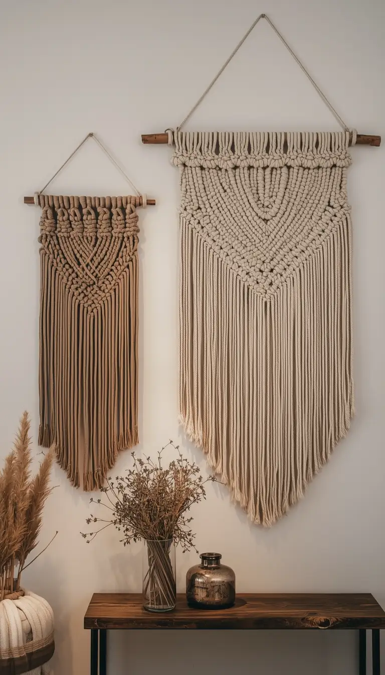 Boho farmhouse bedroom wall with large macramé wall hanging in natural cotton rope and dried wildflowers on a wooden shelf.
