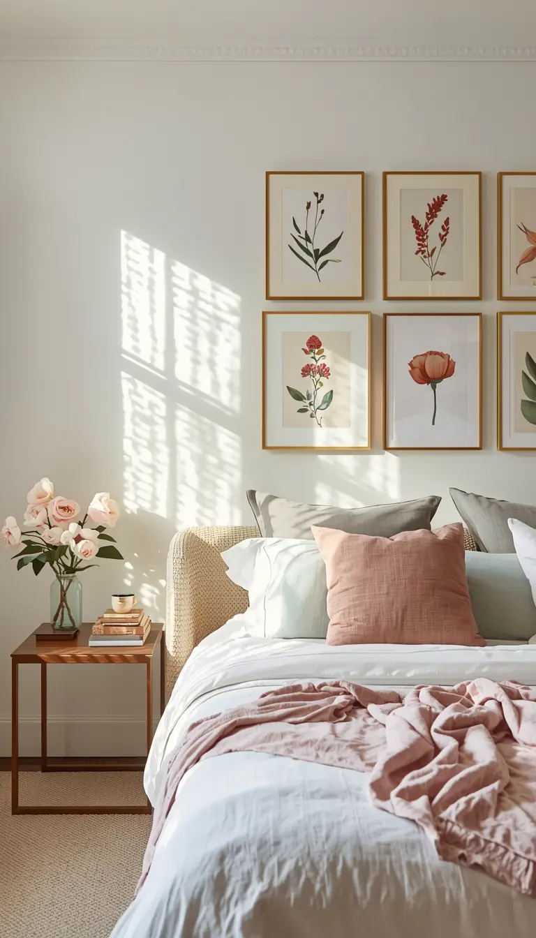 Botanical print gallery wall in thin gold frames on a white spring bedroom wall with warm morning light
