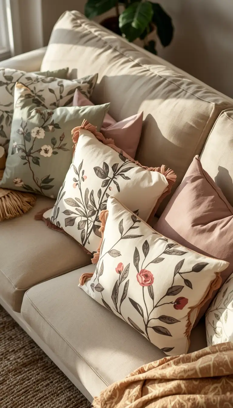 Botanical print throw pillow covers in sage and dusty rose on a linen sofa for spring decor