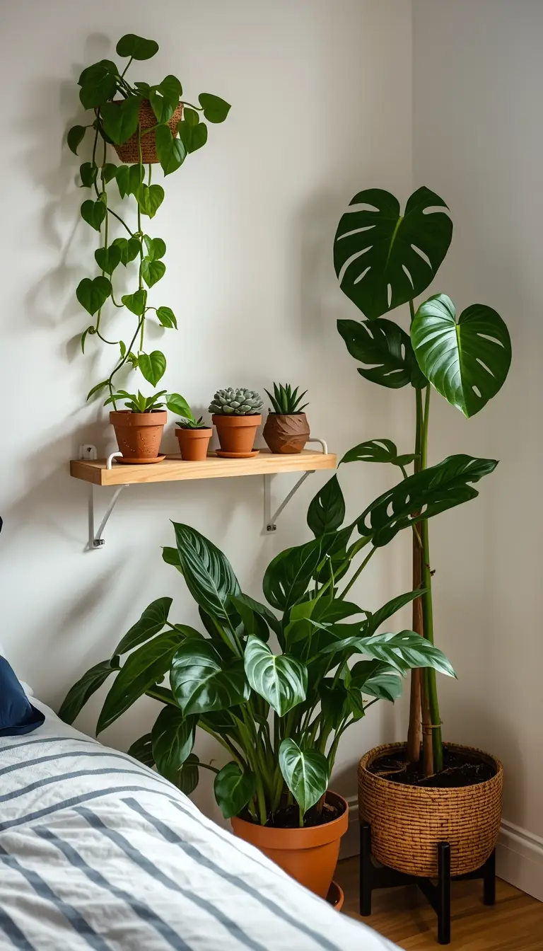 Botanical teen bedroom with pothos, succulents, fiddle leaf fig in terracotta pots on floating shelves with natural wood accents and white walls