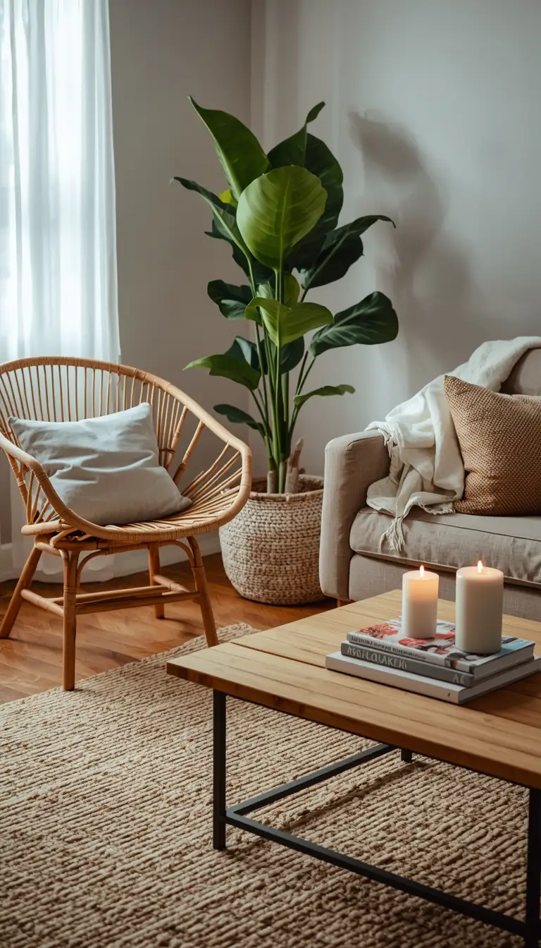 Bright boho farmhouse living room with rattan chair, woven jute rug, linen throw, and potted fiddle leaf fig in warm natural light.