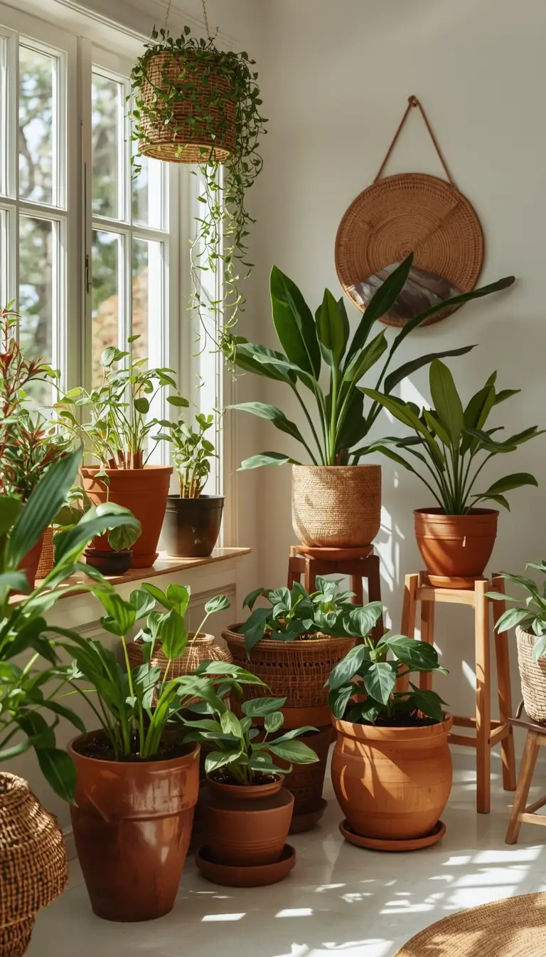 Bright boho farmhouse sunroom with terracotta pots of trailing pothos, monstera, and string of pearls on wooden plant stands in natural sunlight.