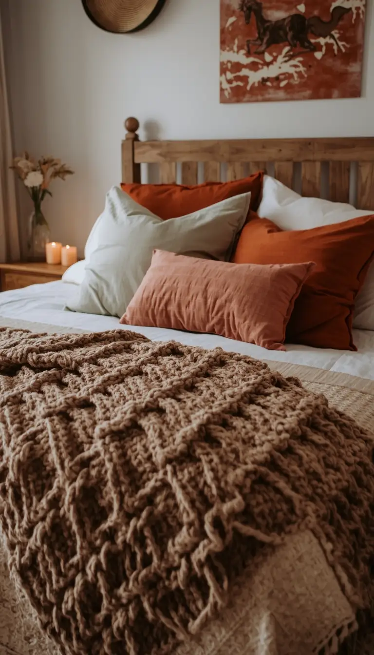 Cozy boho farmhouse bedroom with layered earth-toned textiles, chunky knit throw, and linen pillows in terracotta, rust, and sage tones.