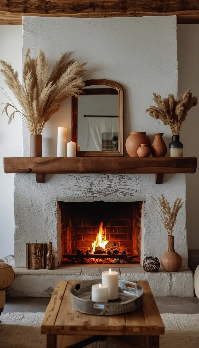 Cozy boho farmhouse living room with whitewashed stone fireplace and wood mantel styled with pampas grass, candles, vintage mirror, and terracotta vases.
