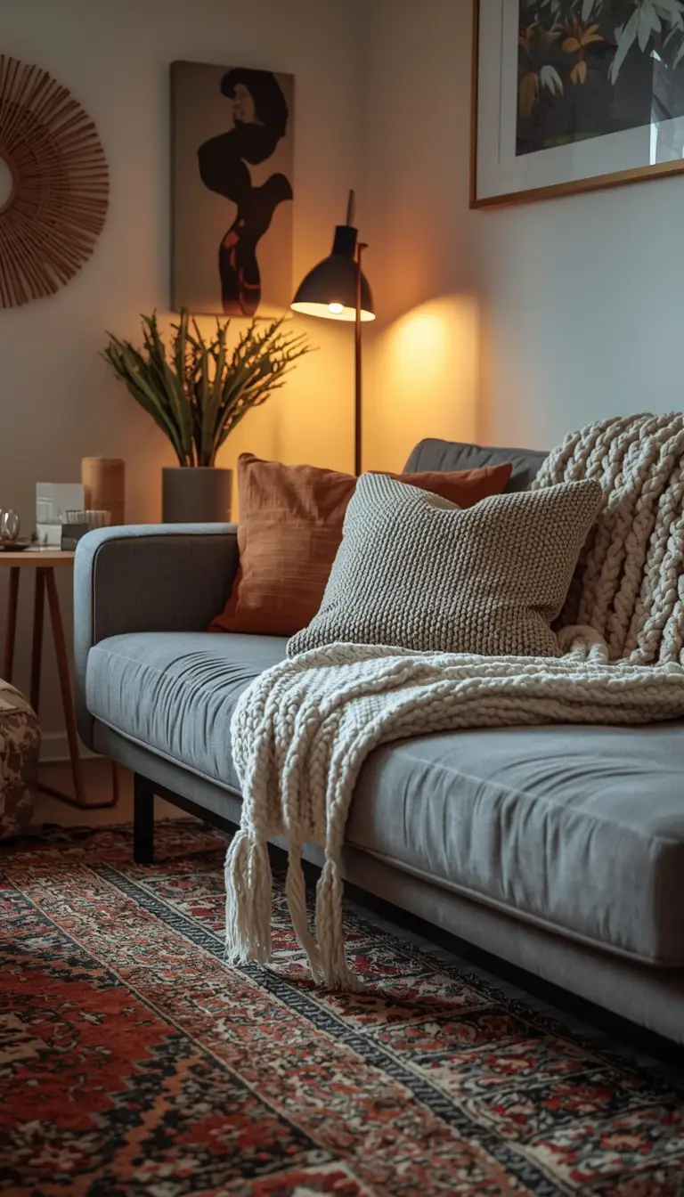 Cozy dorm living area with layered boho accent rugs, a chunky knit throw, and warm ambient lighting for a modern college aesthetic.