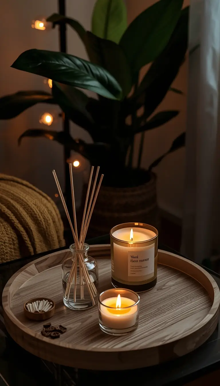 Cozy dorm living room candle styling corner with a reed diffuser, matches jar, and plant on a wooden tray in a warm hygge-inspired setup.
