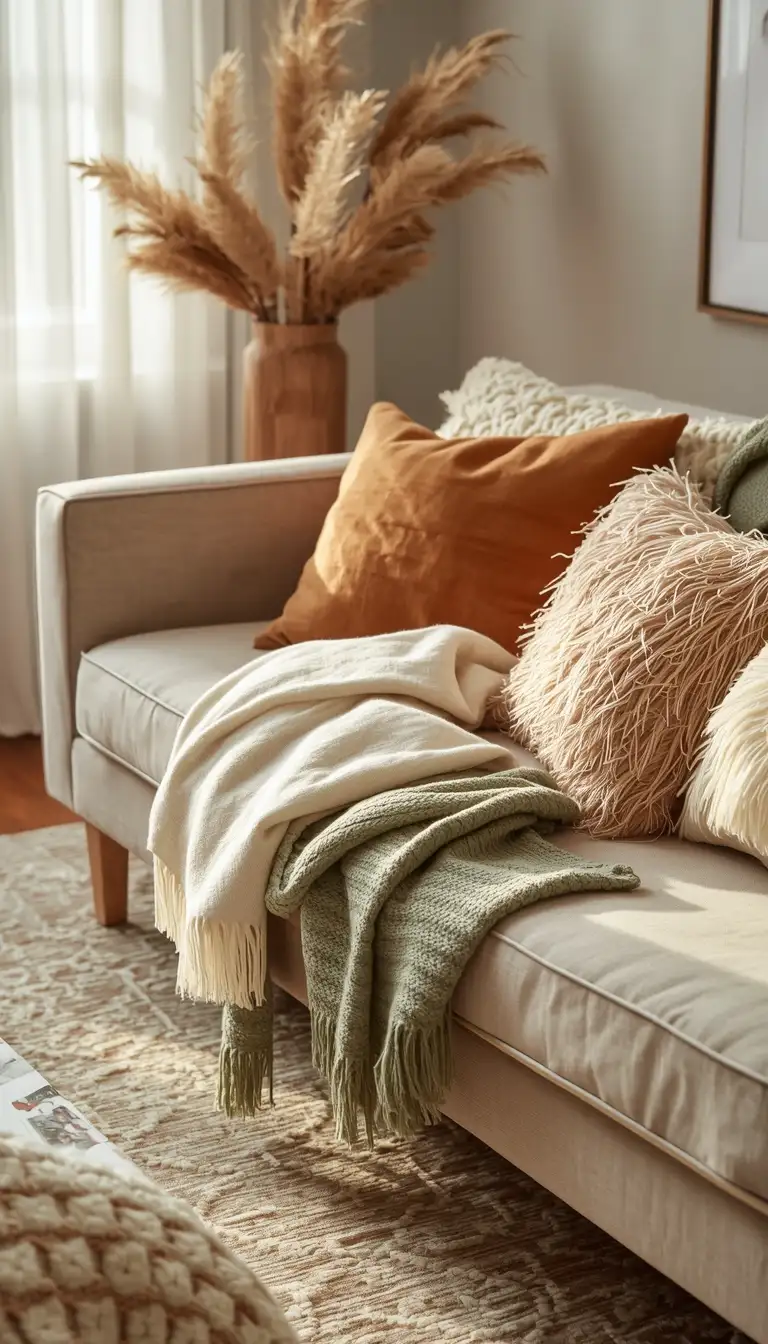 Cozy spring living room with layered cream and sage green throw blankets on a linen sofa