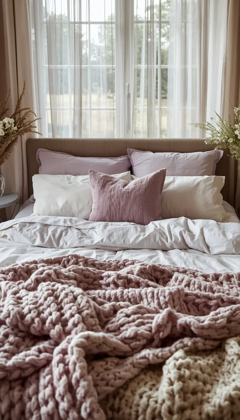 Cozy teen bedroom with layered bed textiles including chunky knit throw, linen pillows in lavender and ivory tones with soft sheer curtains