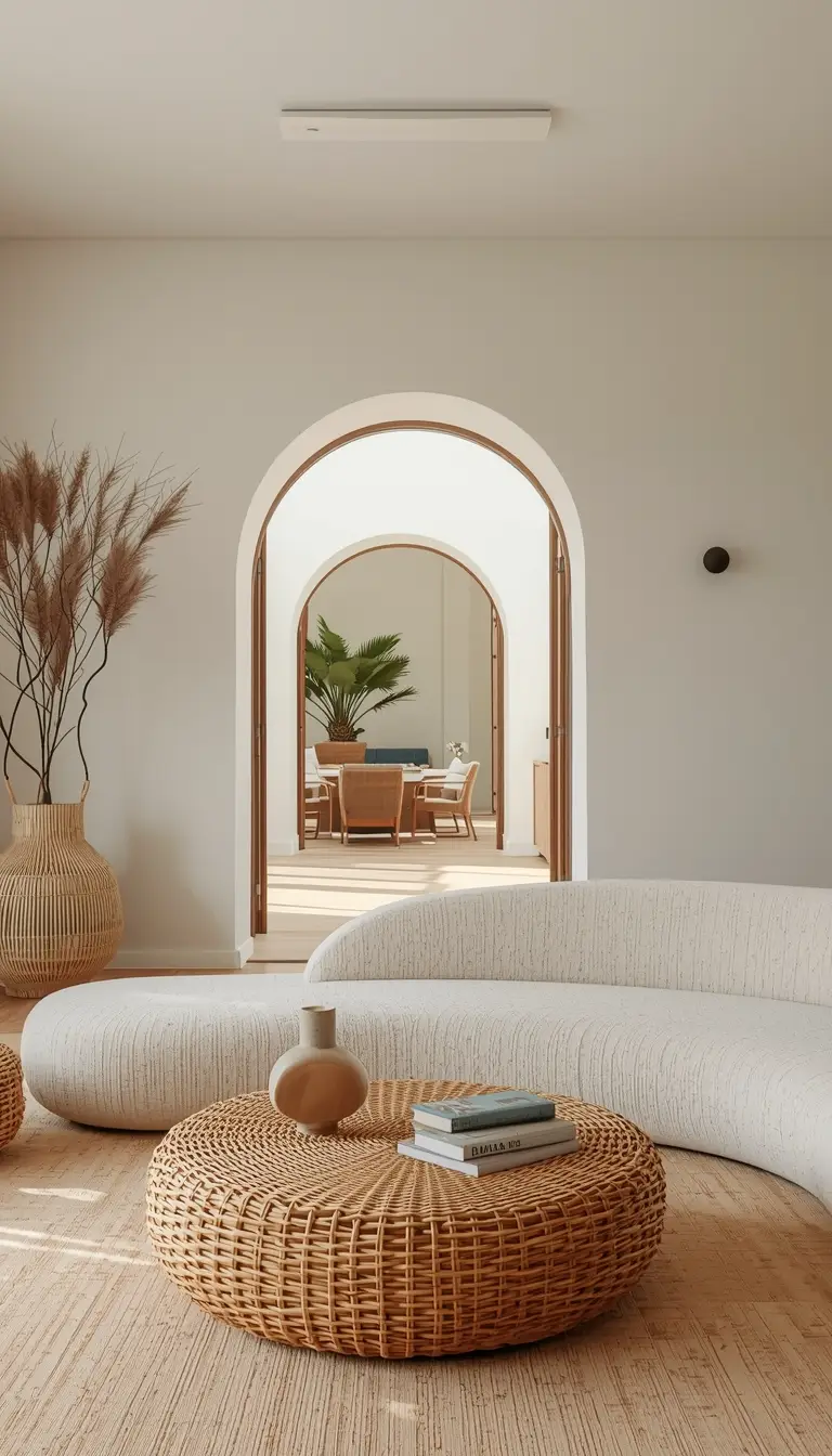 Curved boucle sofa and round rattan coffee table in organic modern room.