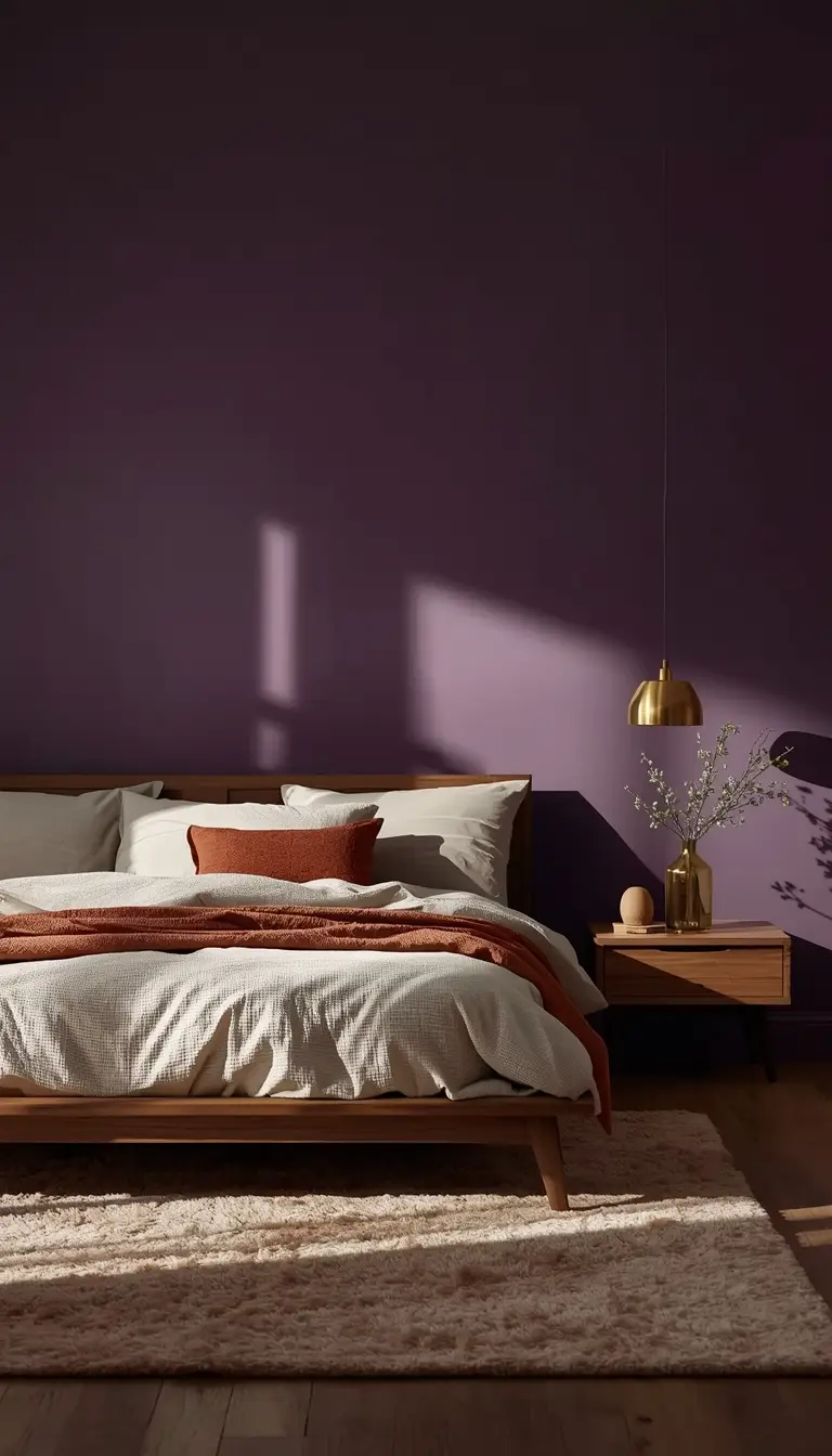 Dark aubergine bedroom walls with brass pendant lighting and natural walnut wood platform bed