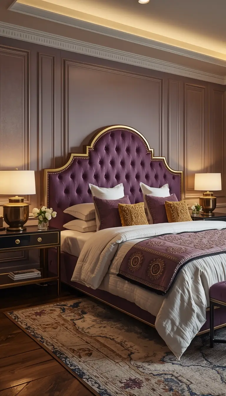 Deep plum velvet tufted headboard with gold accent frame in a luxurious bedroom