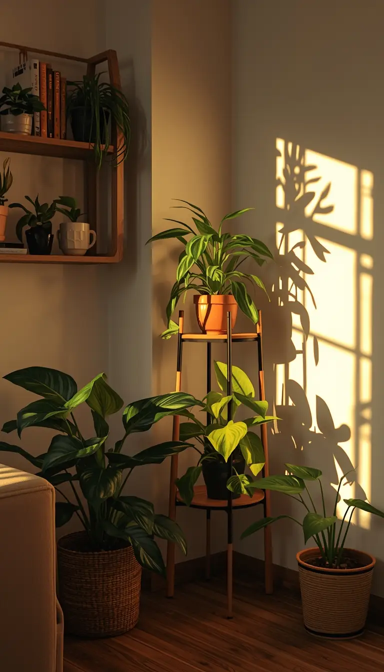 Dorm living corner filled with indoor plants on tiered stands including pothos, snake plants, and peperomia in warm natural light.