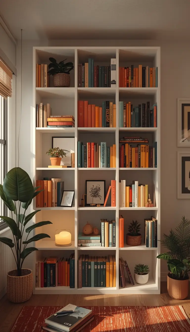 Dorm living room tall white bookshelf styled with color-coordinated books, plants, candles, and framed photos in a warm reading nook aesthetic.