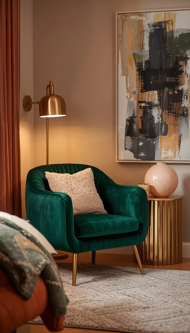 Dorm living room with an emerald green velvet accent chair, gold side table, and abstract art creating a luxurious small-space feel.