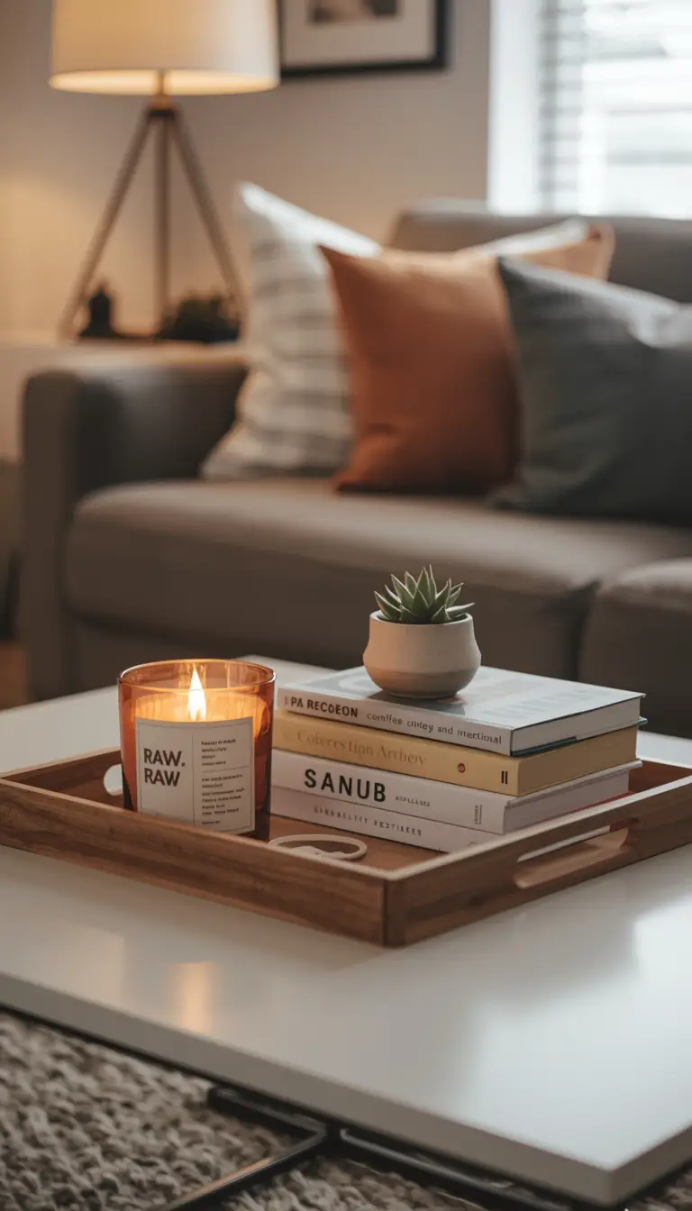 Dorm room coffee table styled with a decorative tray, candle, stacked books, and a succulent for a modern minimalist aesthetic.