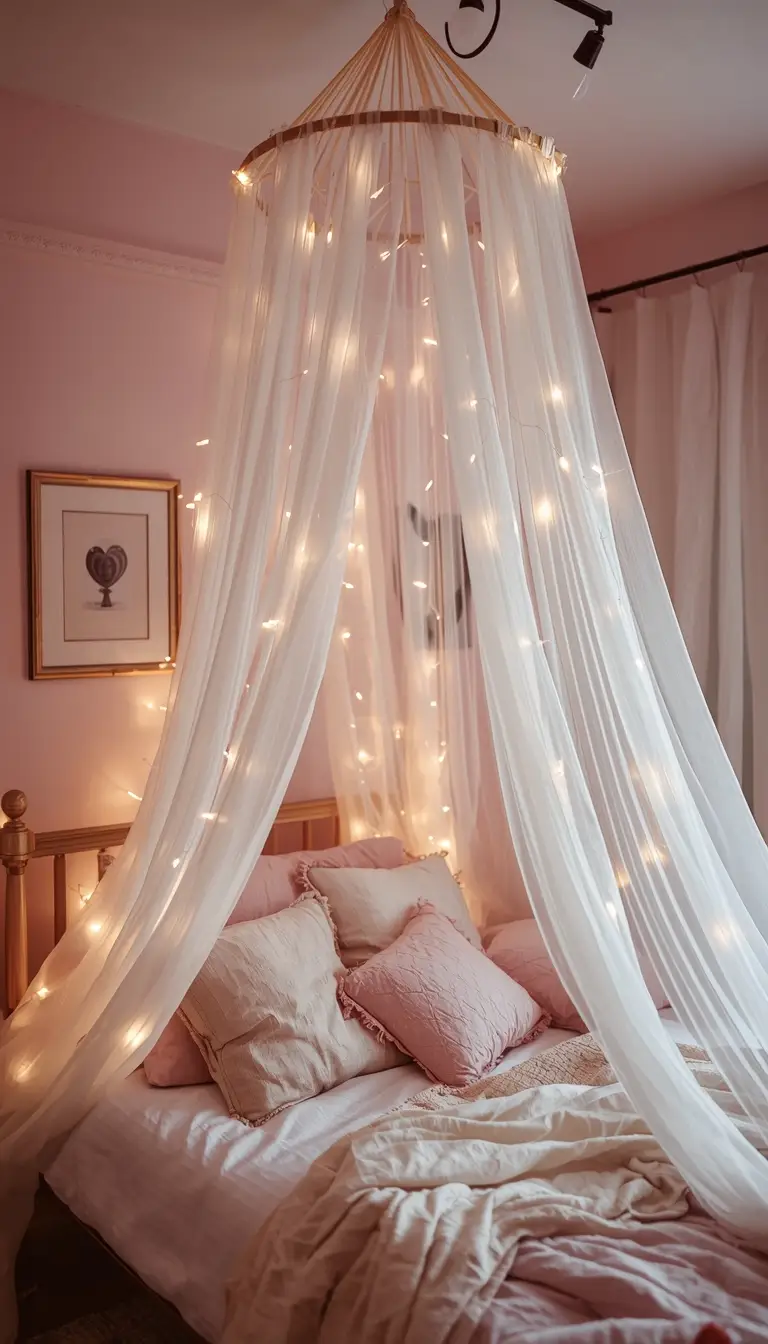 Dreamy teen bedroom with sheer white canopy over bed, fairy lights woven through fabric, pastel blush and ivory bedding