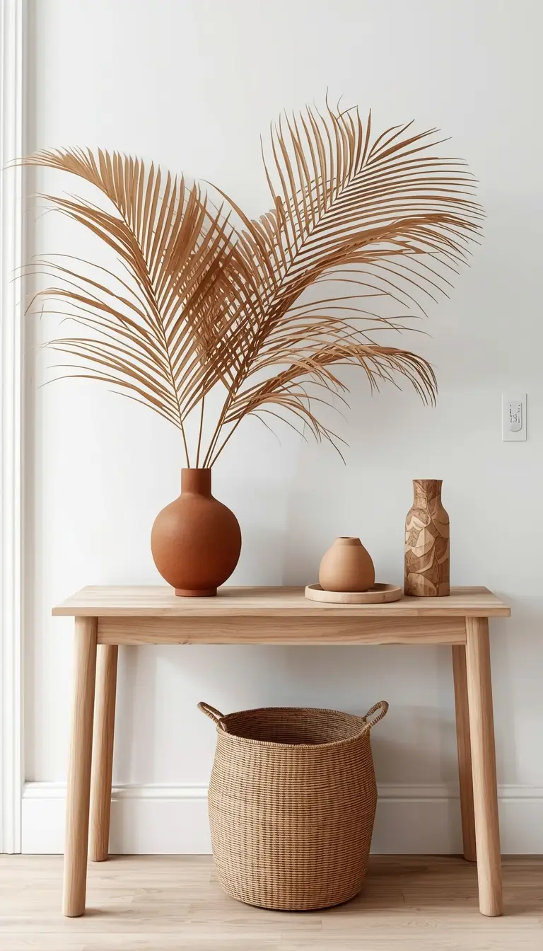 Dried palm leaf arrangement in terracotta vase on minimalist console table.