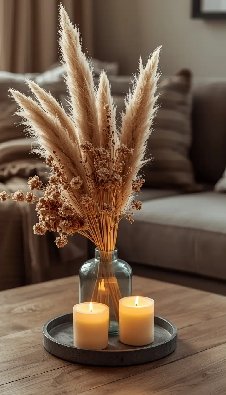 Elegant DIY candle and vase centerpiece with pampas grass and dried flowers on a coffee table in warm ambient lighting