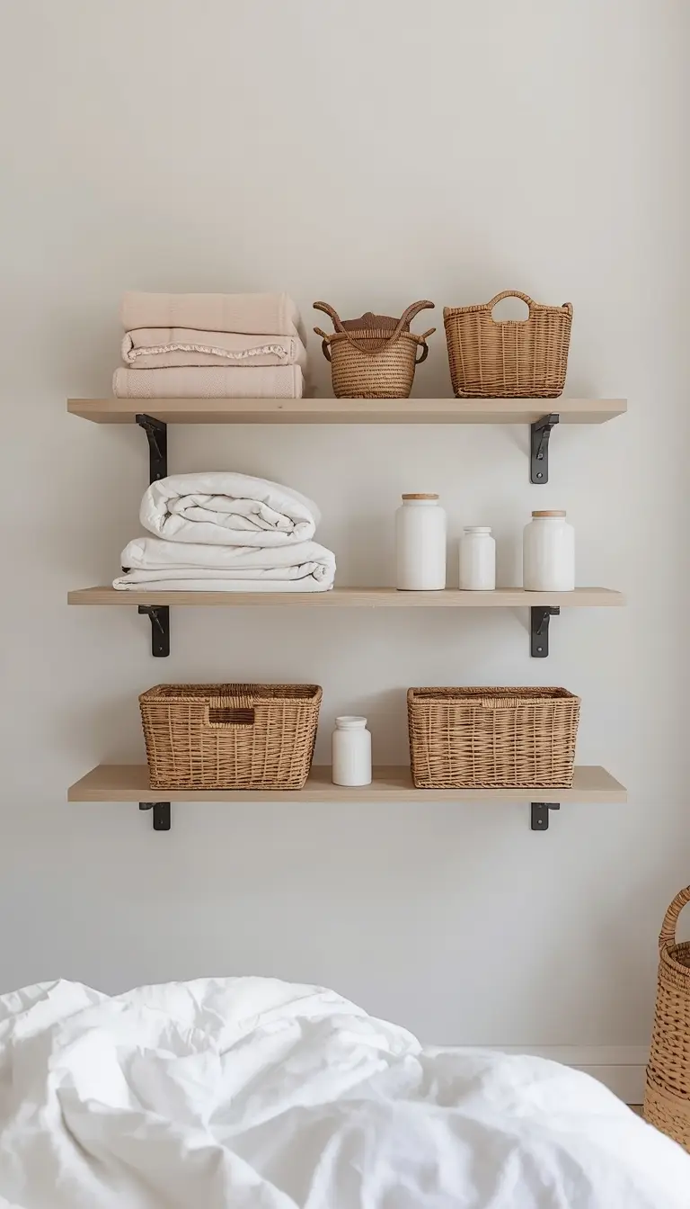 Floating bedroom shelves with folded pastel blankets wicker baskets and white ceramic jars in a clean spring bedroom