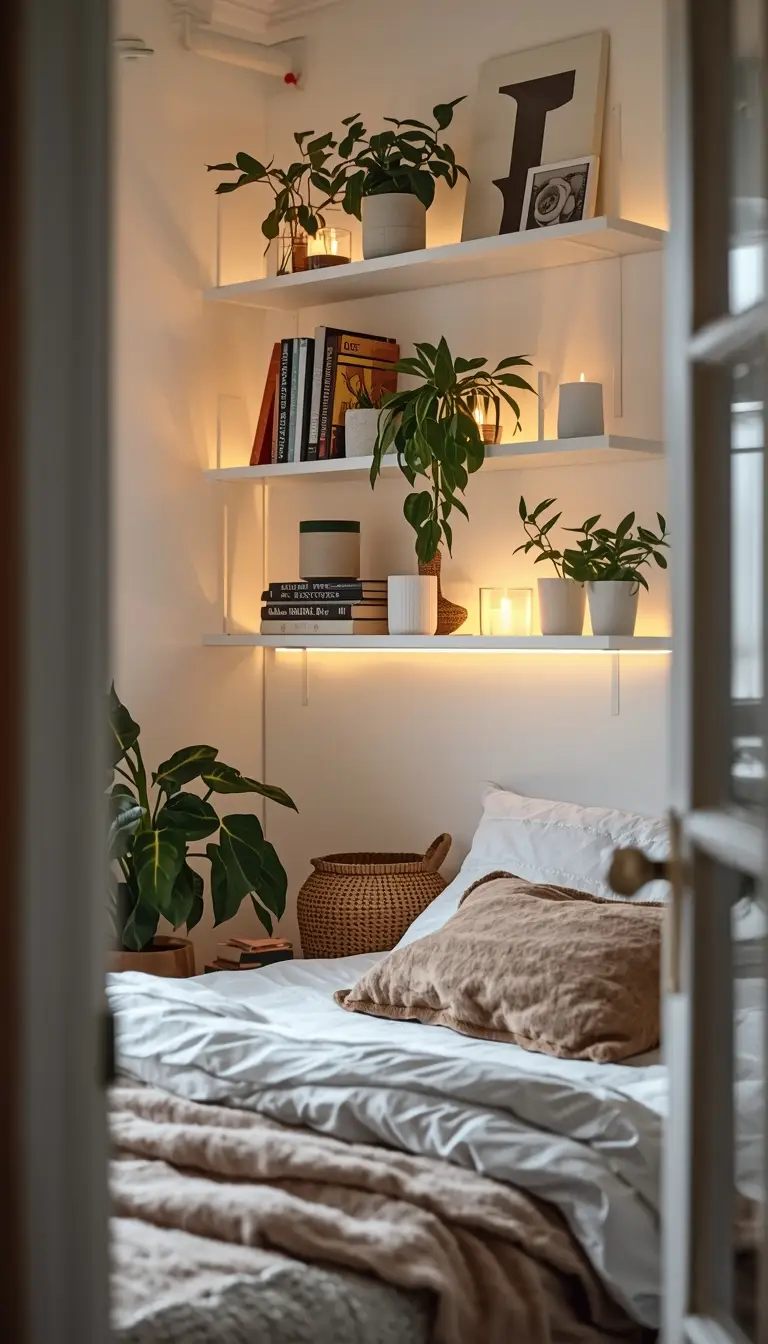 Floating wooden shelves with plants and books in a minimalist small bedroom with warm lighting
