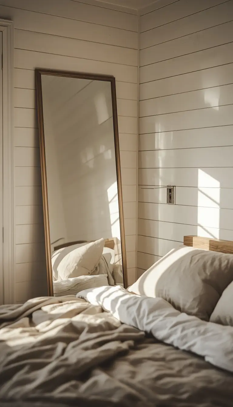 Floor-to-ceiling leaning mirror in a small cozy bedroom with warm neutral tones and linen bedding