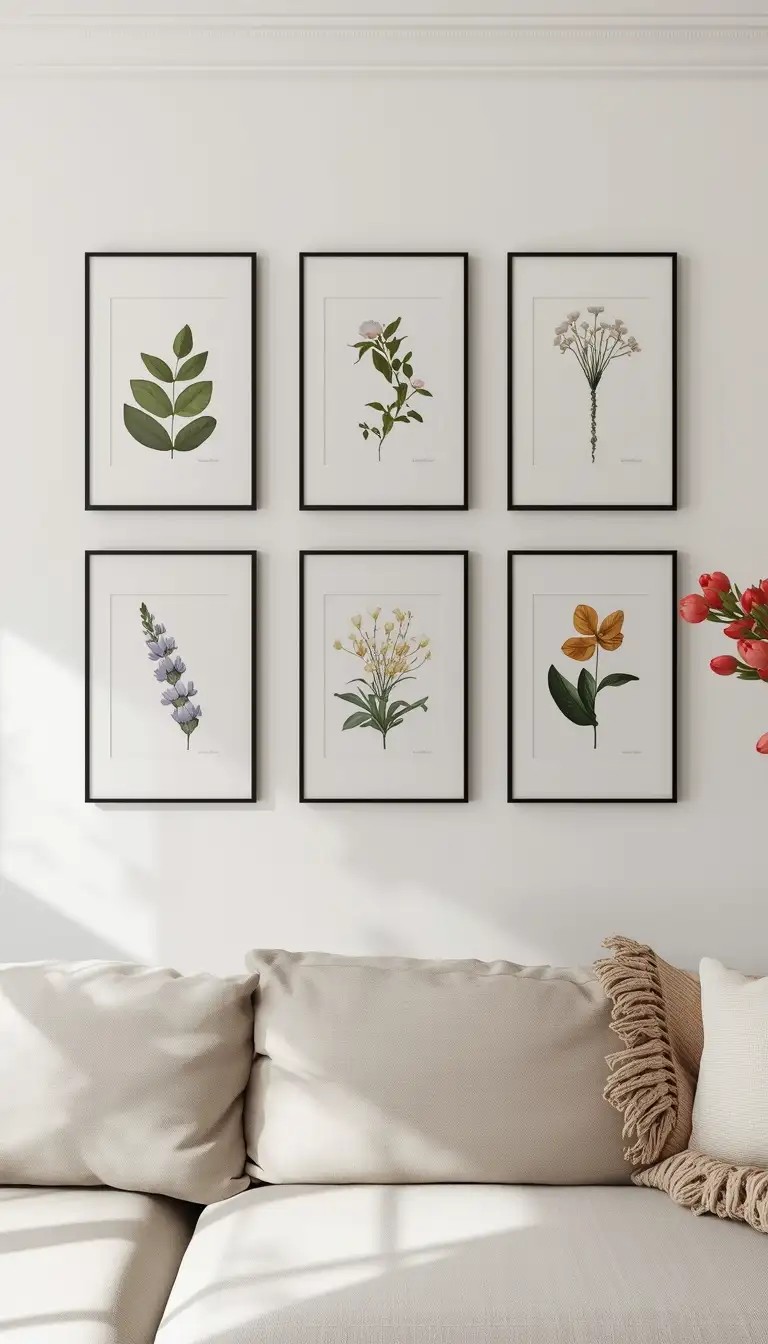 Framed botanical print gallery wall in thin black frames above a linen sofa in a spring living room