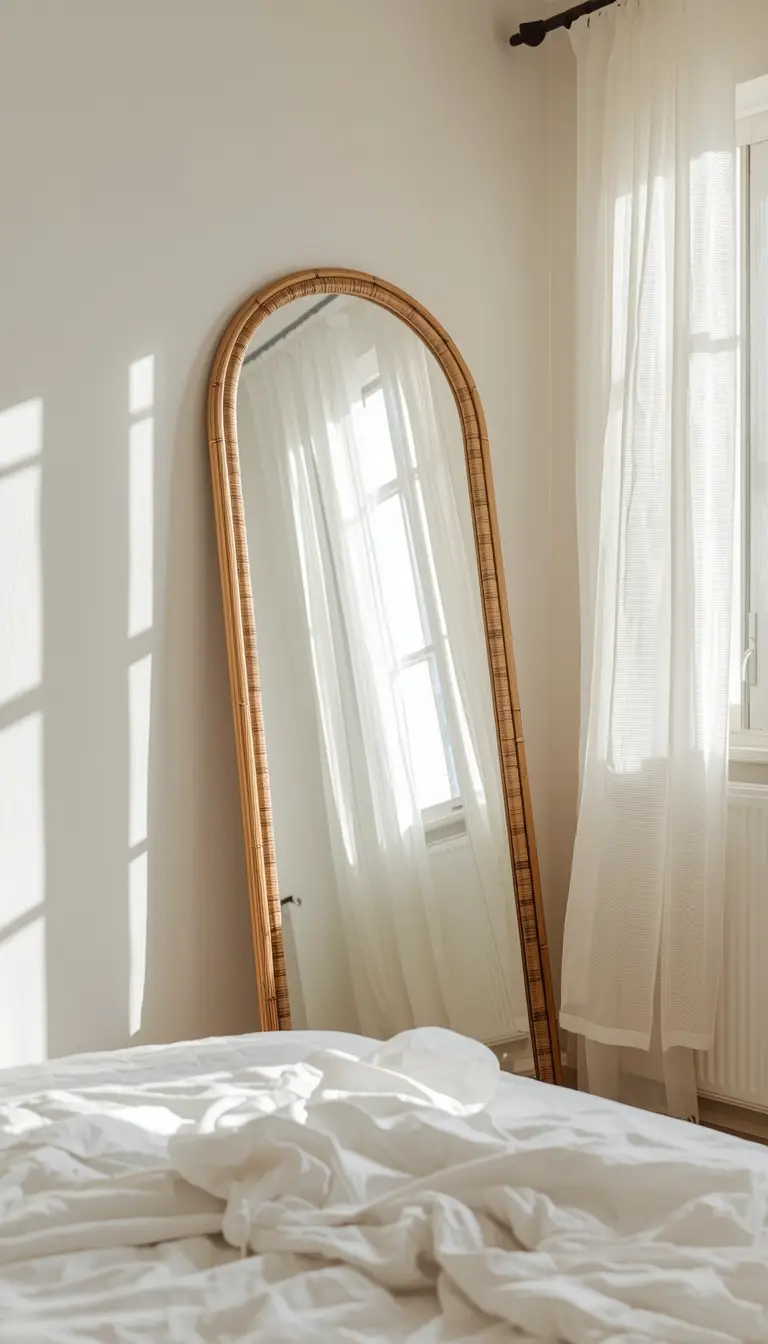 Full length arched rattan mirror leaning against white wall in a spring bedroom reflecting natural light and sheer curtains