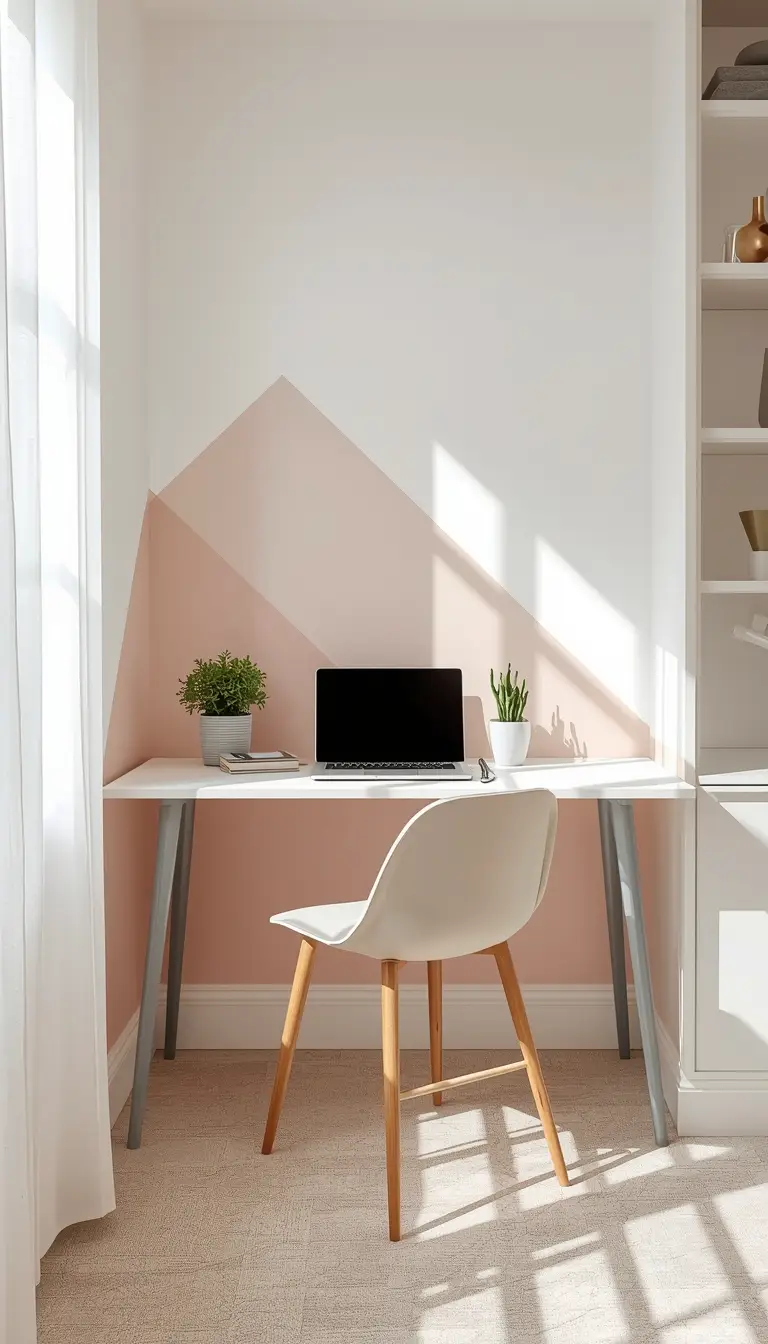Geometric washi tape accent wall in pastel colors behind a clean minimalist bedroom desk setup