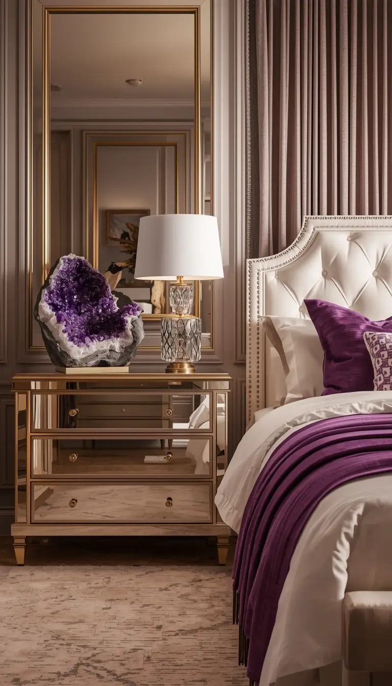 Glamorous bedroom with mirrored furniture and large amethyst crystal cluster decor in Hollywood Regency style