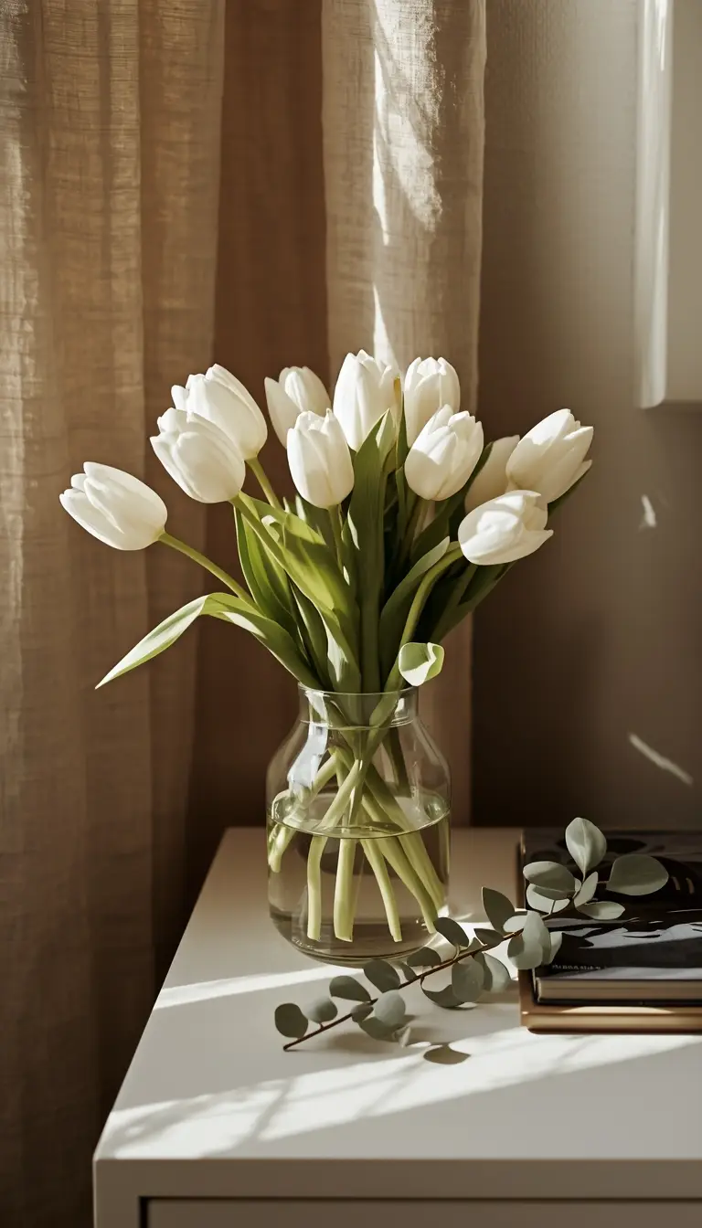 Glass vase with white tulips and eucalyptus on a spring bedroom nightstand in warm natural light