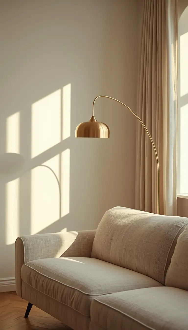 Gold arch floor lamp over a cream boucle sofa in a cozy spring living room