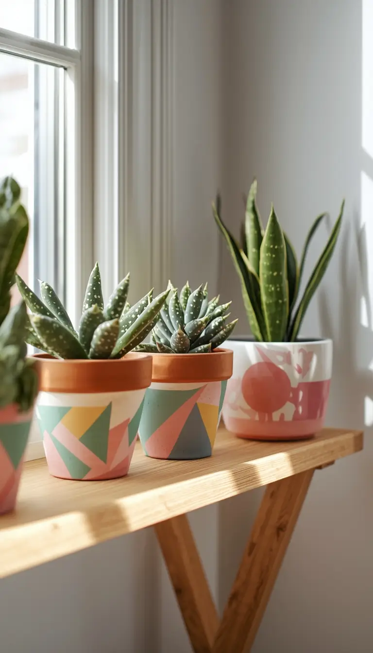 Hand-painted terra cotta pots with pastel geometric designs displayed on a wooden shelf with green plants