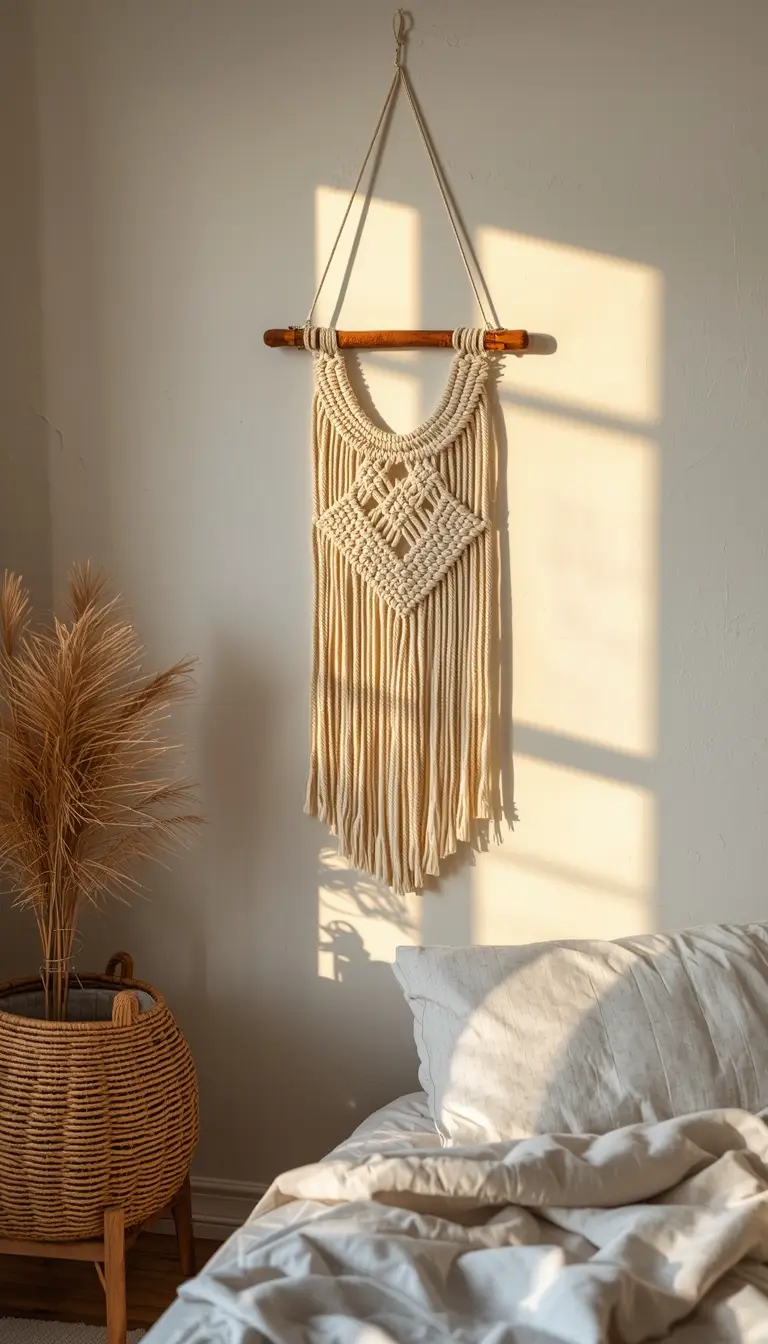 Handmade macramé wall hanging in natural white cotton rope displayed on a white bedroom wall with warm lighting