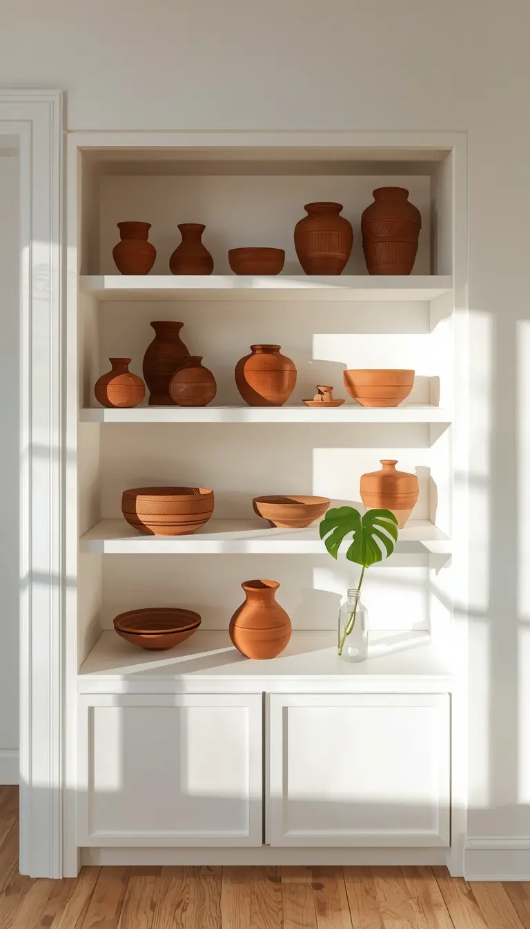 Handmade terracotta clay vases on white minimalist shelves, Mexican decor.